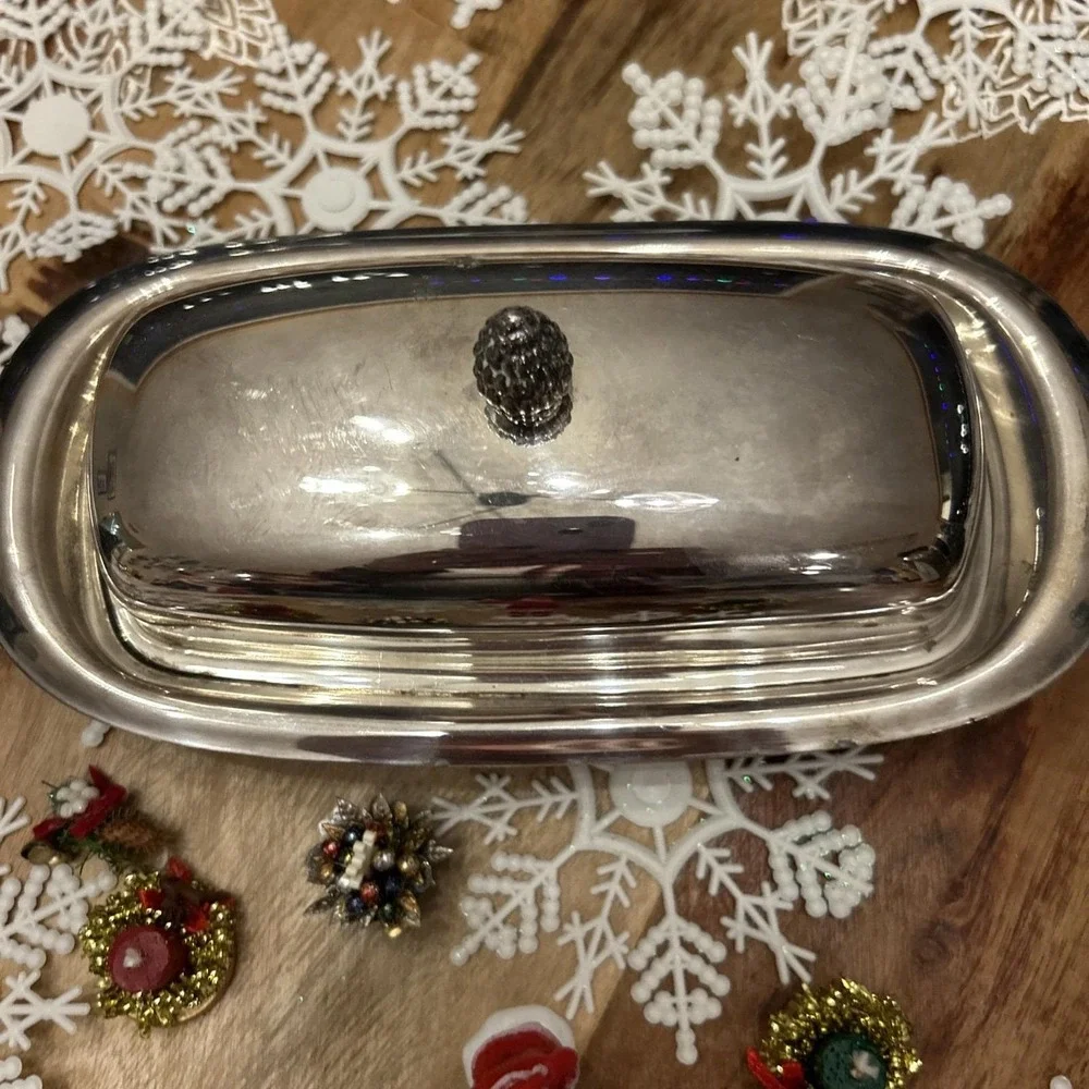 Vintage‎ Silverplate, Butter Dish Elegant Patterned Pineapple Top, Glass insert